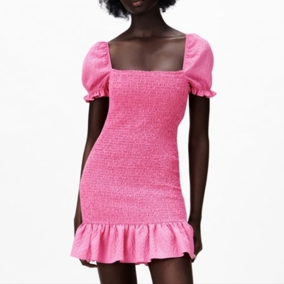 Zara Dresses & Skirts - Zara Smocked Ruffle Mini Dress Pink XSmall